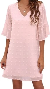 V-neck Casual Dress Summer Short Sleeve Chiffon Dress Women Simple Loose Waist - Picture 1 of 26