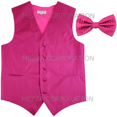 New Men's Tuxedo Vest Waistcoat Vertical Stripes Bowtie prom wedding hot pink - Image 1 of 4
