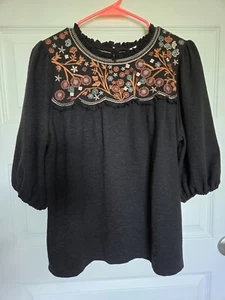 Women's Böhme Black Floral Embroidered Blouse Boho Half Sleeve  - Picture 1 of 10