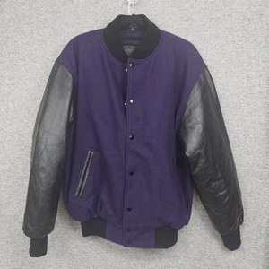 NOS VTG Varsity Letterman Jacket Men Med M Purple Wool Leather Snap Bomber Quilt - Picture 1 of 13