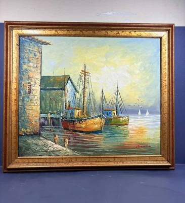 Оригинальная картина маслом на холсте гавань сцена с лодками подпись Grace в рамке - Изображение 1 из 4