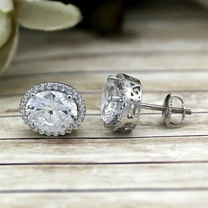 3Ct Oval Cut Diamond VVS1/D Halo Stud Women's Earrings 14K White Gold Finish - Picture 1 of 5