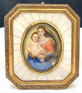 ANTIQUE AFTER RAPHAEL SISTINE MADONNA OVAL MINIATURE PAINTING BRASS/SPINE FRAME - Picture 1 of 6