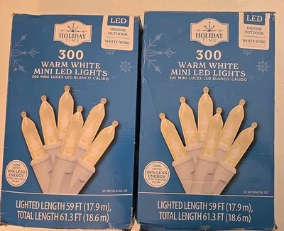 Lot of 2 Boxes HOLIDAY TIME 300CT EA WARM WHITE MIN LED LIGHTS  WHITE STRING NEW - Image 1 of 4