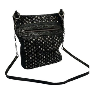Leatherock Studded Handbag Black Leather Rhinestone Crossbody Festival Biker Psy - Picture 1 of 13