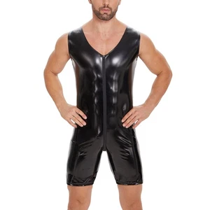 Men's Jumpsuit Shorts with Mirror Gloss Leather and Sexy Zipper Opening - Picture 1 of 4