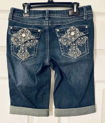 Shorts jeans EARL JEAN Distress azul baixo cross bling feminino júnior tamanho 5 - Imagem 1 de 3