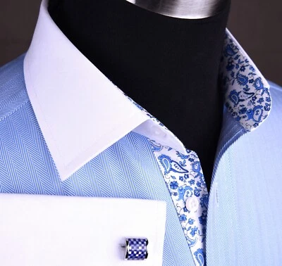 Light Blue Herringbone Business Formal Shirt White Contrast French Cuffs Collar - Изображение 1 из 4
