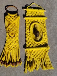 vtg 70's Macrame Cowbell Door Hanger Kitchen Towel Holder lot golden yellow boho - Picture 1 of 6