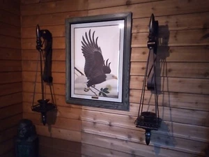 WALL SCONCE CANDLE HOLDERS  55" HAMMERED COCOA BROWN  IRON & WOOD SET OF TWO - Picture 1 of 11