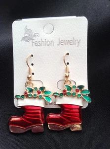 Christmas Boot Dangle Fashion Santa Earrings Gold - Picture 1 of 1