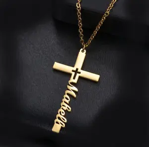 Custom Name Necklace Cross Jewelry Pendant Stainless Steel Gold Silver Men Women - Picture 1 of 7