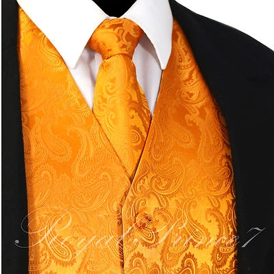 ORANGE Paisley Tuxedo Suit Dress Vest Waistcoat & Neck tie wedding 20-EE - Image 1 of 4