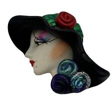 Vintage Brooch Art Deco- Lady With Rhinestones & Flowers On Hat