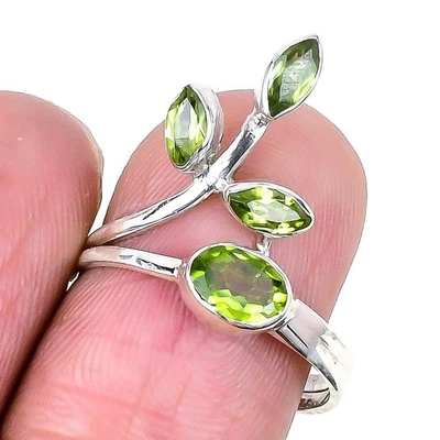 Natural Peridot Faceted 925 Solid Silver Wedding Cluster Ring Jewelry Size 8.5 - Image 1 of 4