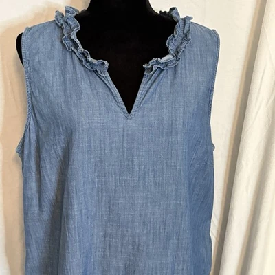 Vestido Talbots Azul Denim Cambray Algodón Volantes Cuello Sin Mangas Talla XL Rodilla Len Foto 1 de 4
