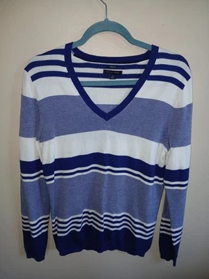 Suéter Tommy Hilfiger Para Mujer Grande Rayas Cuello en V 100% Algodón Pima Azul Blanco Foto 1 de 4