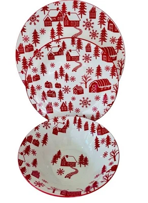 Juego de vajilla de vacaciones blanco y rojo de 3 árboles de granero de invierno rural 2 platos tazón Foto 1 de 4