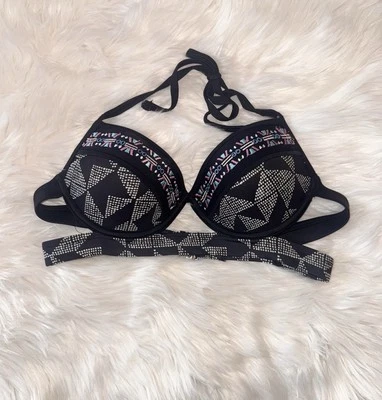 So | Top de bikini acolchado con corbata patrones geométricos multicolores azul marino para mujer M Foto 1 de 4