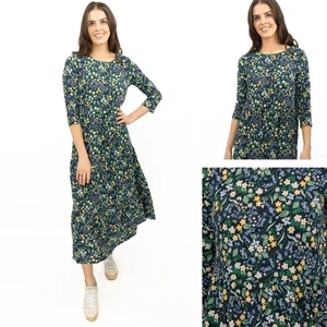 Womens Seasalt Navy Floral Dress Tiered Line Strokes Midi Short Sleeve - Picture 1 of 20