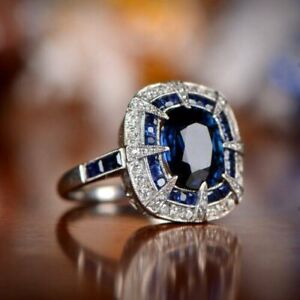 3 Ct Oval Cut Lab-Created Blue Sapphire Halo Womens Ring 14K White Gold Plated