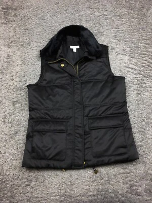 Charter Club Puffer Vest Jacket Womens Size Small Black Faux Fur Collar - Image 1 of 4
