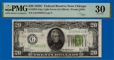 1928C $20 Federal Reserve Note PMG 30 Chicago Light Green Seal Fr 2053-L - Image 1 of 2