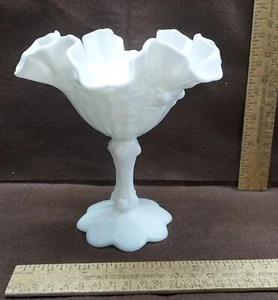 Fenton White GLASS COMPOTE - small - ROSE - CRIMP - Picture 1 of 8