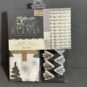 New Glitz Glam Fabric Shower Curtain Gold Trees Hooks 72 x 72 Christmas Holiday - Picture 1 of 5