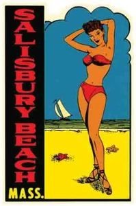 Salisbury Beach Massachusetts Girl  Vintage  1950's Style Travel Decal  Sticker  - Picture 1 of 1