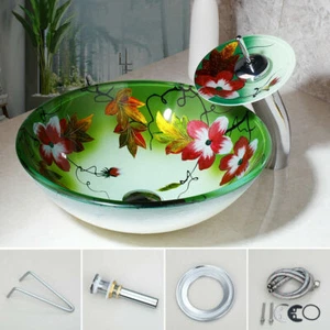 US Bathroom Art Hand Painted Glass Basin Vanity Sink Bowl+Waterfall Faucet Set - Picture 1 of 12