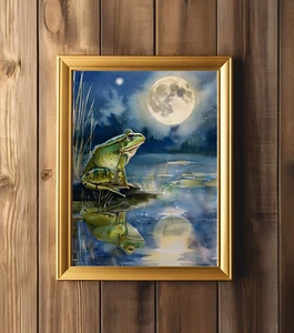 Frog Under the Full Moon Art Print, Dark Cottagecore Frog Painting, Victorian - Picture 1 of 3