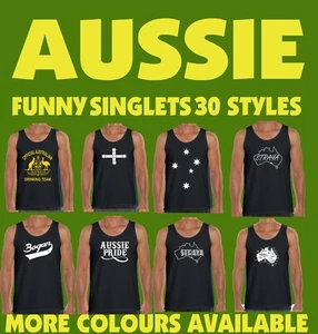 Funny Singlets Aussie Australian Bogan Mens T-shirt Slang Drinking flag Black - Picture 1 of 45