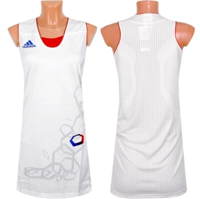 Adidas Donna Pallacanestro Maglia Sport Vestito Jersey Tank Bianco/Blu/Rosso - Immagine 1 di 4