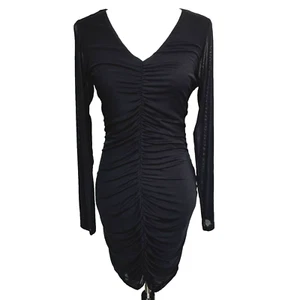 LULUS NWT Women's Large Little Black Dress Lined Sheer Long Sleeves Ruched Midi - Picture 1 of 9