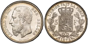 BELGIUM. Leopold II 1875 AR 5 Francs, 5 Frank. PCGS MS65+ KM 24. - Picture 1 of 2