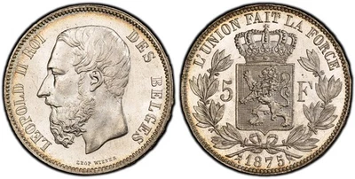 BELGIUM. Leopold II 1875 AR 5 Francs, 5 Frank. PCGS MS65+ KM 24. - Image 1 of 2
