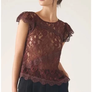 Anthropologie Rarität transparentes Spitzen-T-Shirt Pflaume neu mit Etikett romantisch Lagenlook Top Gr. XL - Bild 1 von 8