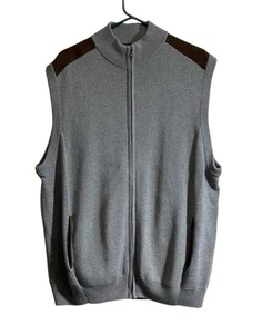 CHAPS Sweater Vest 2XL Mens Gray Brown Suede Trim Full Zip Sleeveless NWT - Picture 1 of 6