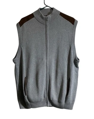 CHAPS Sweater Vest 2XL Mens Gray Brown Suede Trim Full Zip Sleeveless NWT - Image 1 of 4