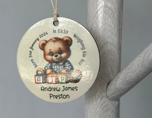 Personalised Newborn Baby Boy Girl Gift Present Birth, christening, wooden disc - Picture 1 of 19