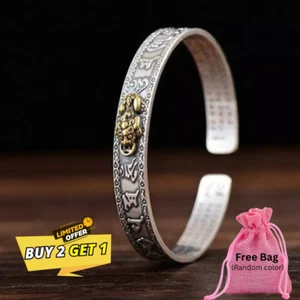 925 Silver Pixiu Attract Wealth Good Luck Bracelet Feng Shui Cuff Wristband - Picture 1 of 6
