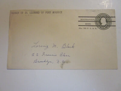 US COVER 1920'S CHURCH OF ST LEONARD OF PORT MAURICE MINNEAPOLIS PRE CANCEL U420 - Image 1 of 3