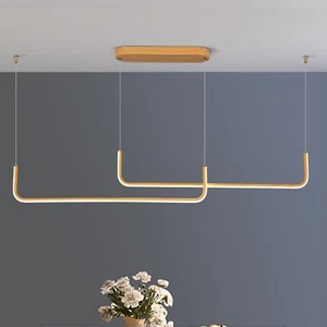 2-Light LED Linear Chandelier Yellow Wood Pendant Dimmable Light for Dining - Picture 1 of 5
