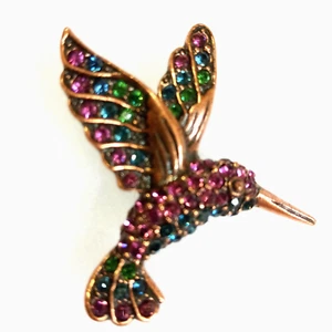Hummingbird Rhinestone Brooch Lapel Pin Copper Toned Metal Purple Blue Stones - Picture 1 of 4