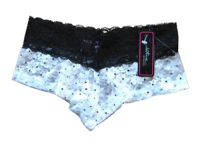 A145 Native Intimates NEW Black Polka Dots All Over Stretch Floral Lace Boyshort - Image 1 of 3