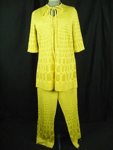 MR DINO Vtg 70s Yellow Mod Printed Lounge Top & Pant Set-Bust 42/Waist 27/XS-S - Picture 1 of 9