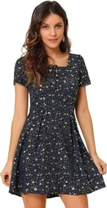 Allegra K Women's Printed Square Neck Short Sleeve Fit and Flare Dress S B33 - Picture 1 of 6
