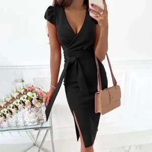 Spring Satin Dress Long Sleeve Tie Waist Elegant Party Mini Dresses,Black - Picture 1 of 4
