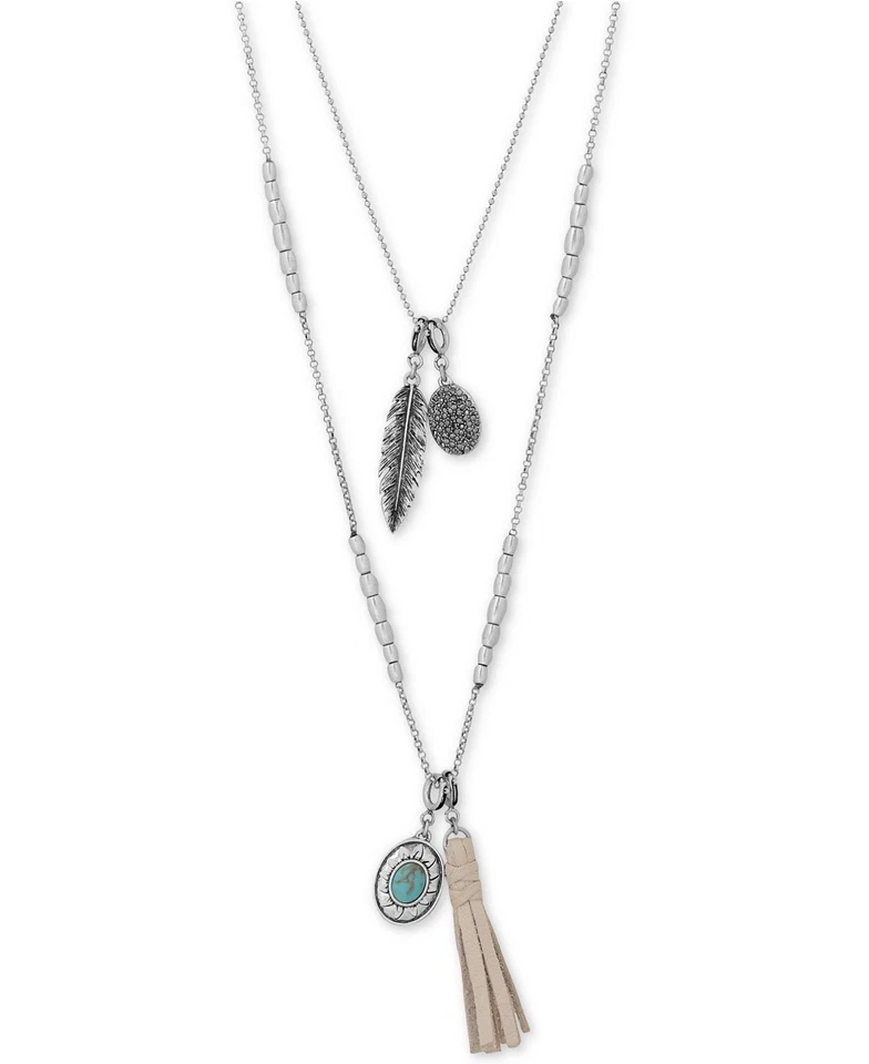 Lucky BRAND Silver-tone Multi-charm Feather Pave Layer Necklace Jlry4594